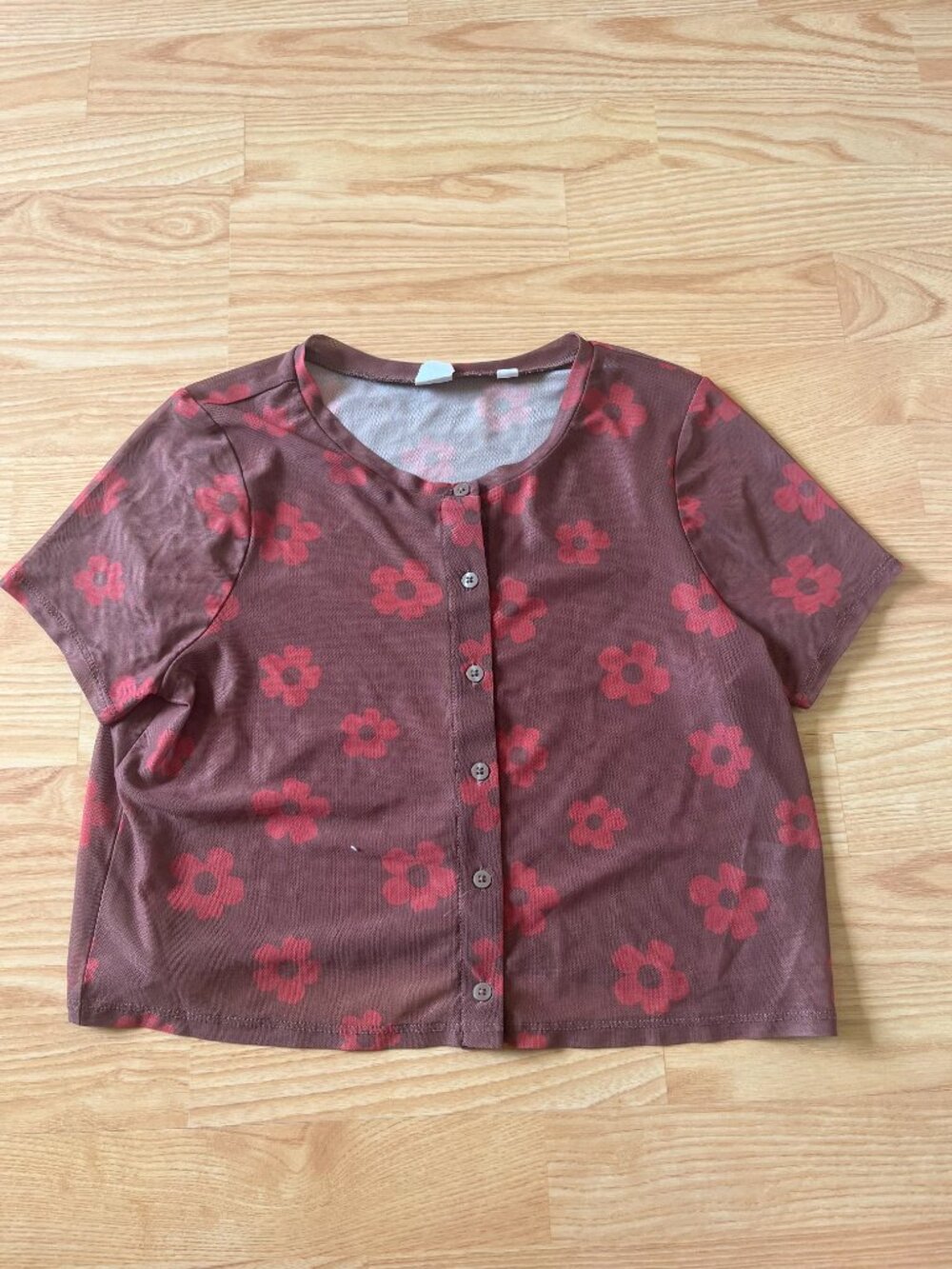 PacSun PAC Cares Brown Mesh Crop Top Red Daisy Floral Button Front Sz S